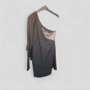 Mango One Shoulder Black Dress with Gold Accent